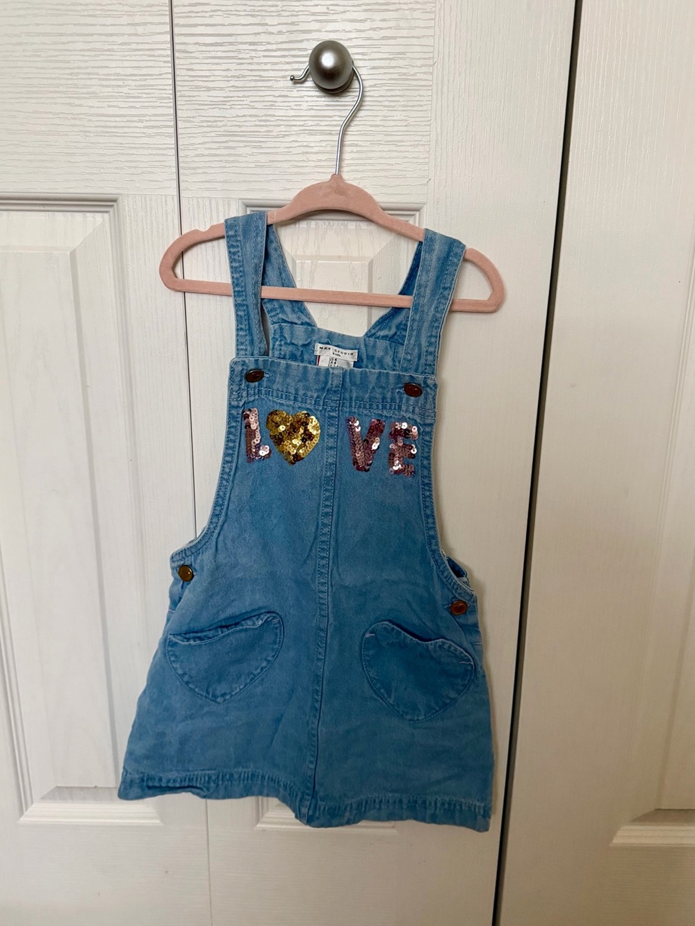 Zara Light Blue Denim Kids Overall Dress with Sequin LOVE